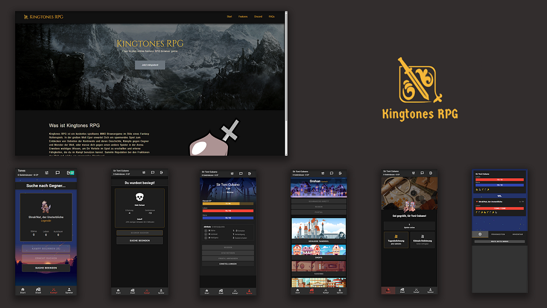 Screenshots der Website und das Logo vom Projekt KingtonesRPG